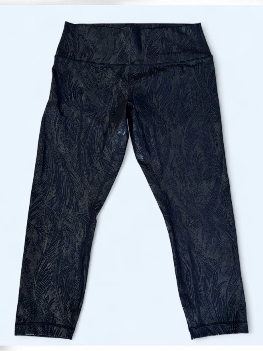 Lululemon Wunder Under Crop Leggings 12 Black Gray Metallic Foil Print Yoga Gym